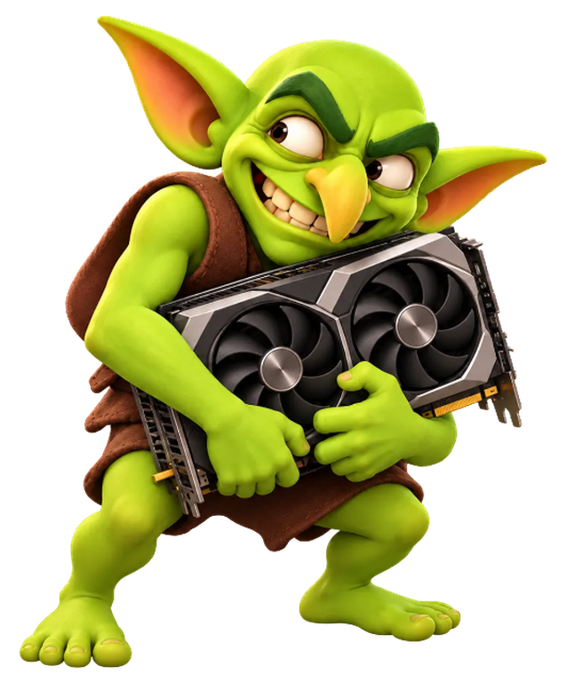 Compute Goblin hugging a dual-fan graphics card