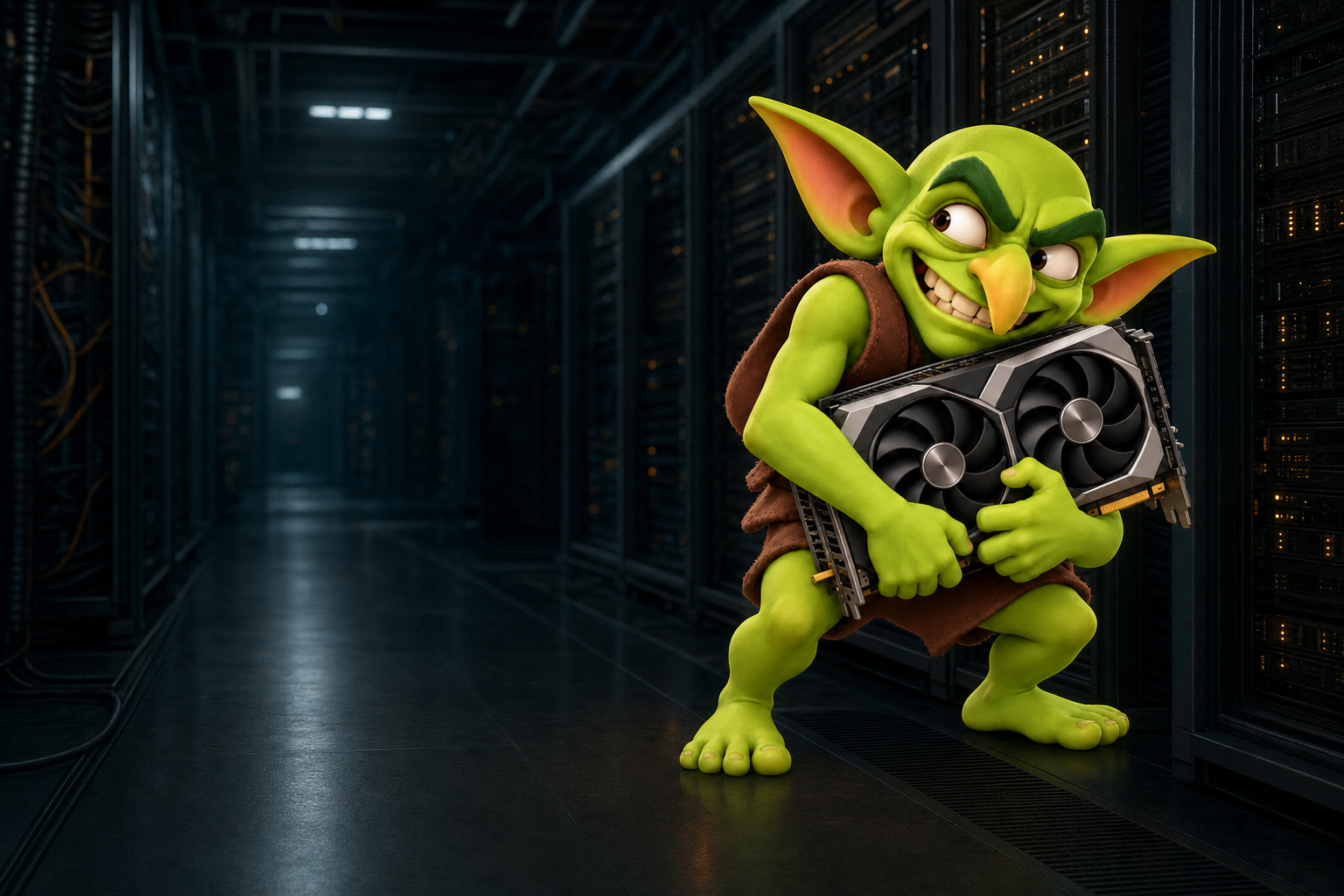 Compute Goblin crouching in a dark server aisle, hugging a dual-fan graphics card