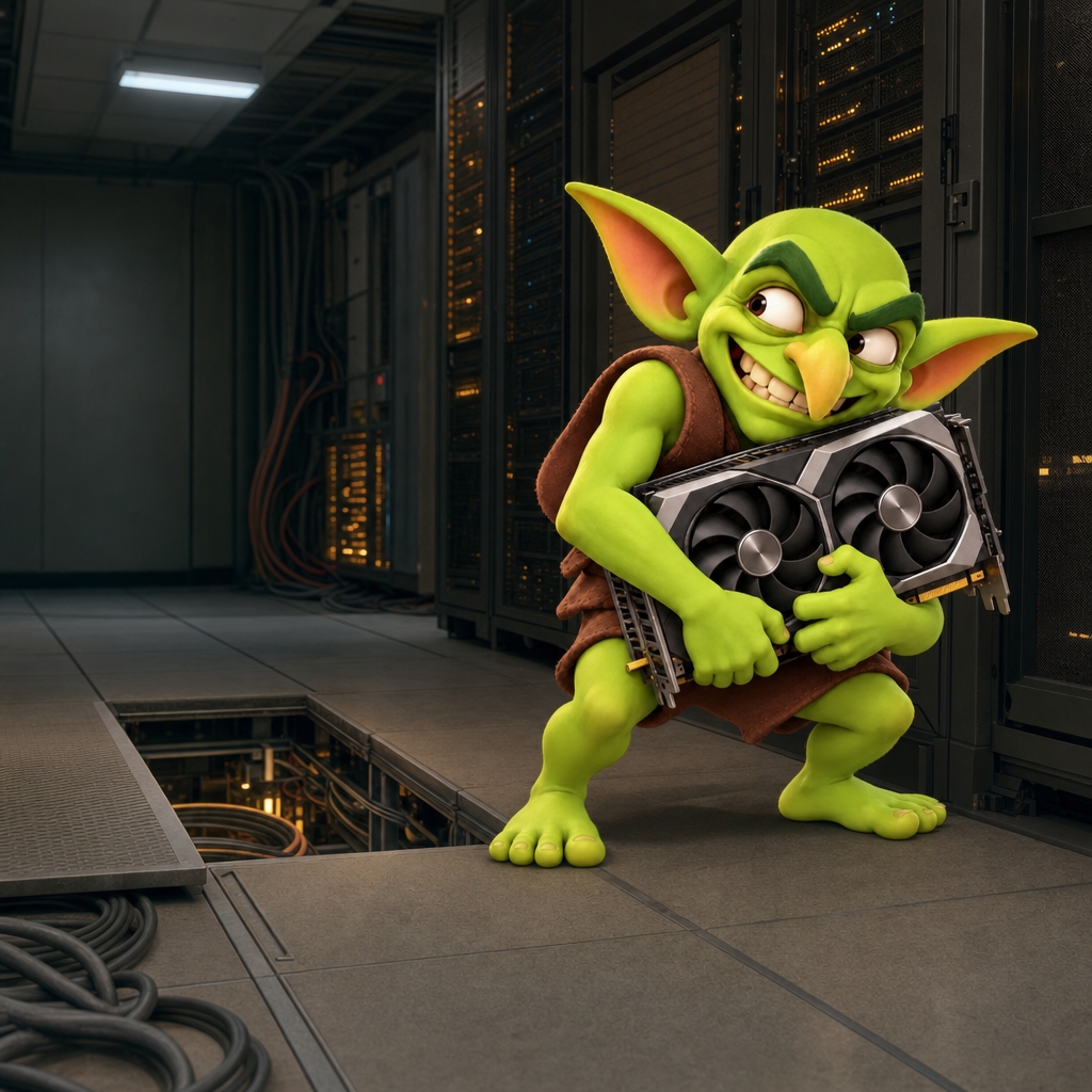 Compute Goblin beside an open raised floor tile, carrying a graphics card past the racks